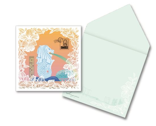 Singapore Flowers Collection II - Merlion with laser cut flowers Greeting Card (CSSF2GC2)     