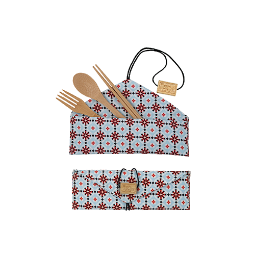 The Peranakan Lifestyle Collection - 3 pieces Cutlery Set with Pouch (light blue)(CSPNK007)