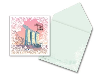 Singapore Flowers Collection II - Marina Bay Skyline with laser cut flowers Greeting Card (CSSF2GC3)