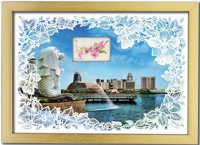 Singapore Flowers Collection II - Merlion with laser cut flowers Artprint (Framed) (CSSF2FM2)
